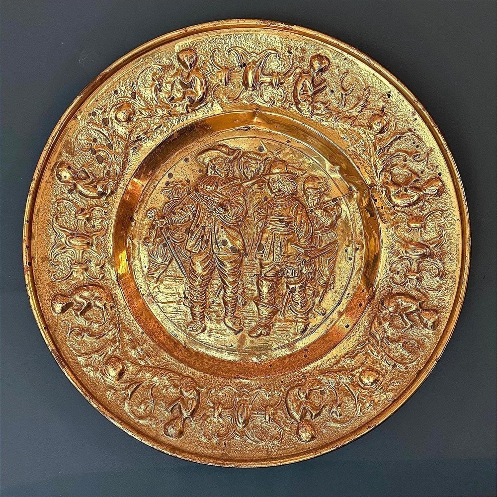 Vintage Dutch Brass Wall Plate 14.5" Embossed European Village Made Holland